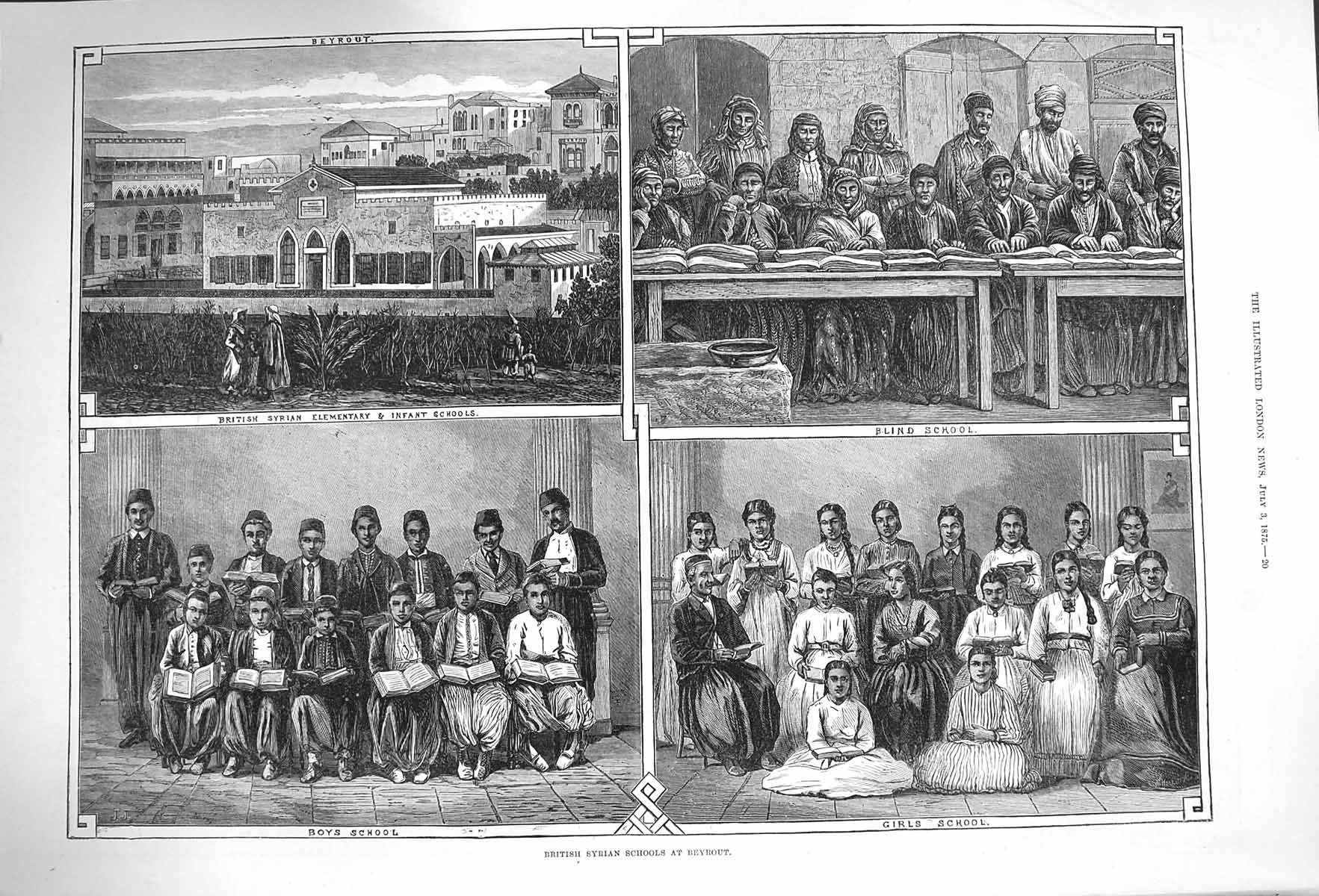 Original Old Antique Print 1875 British Syrian Schools Beyrout Blind Boy 19th