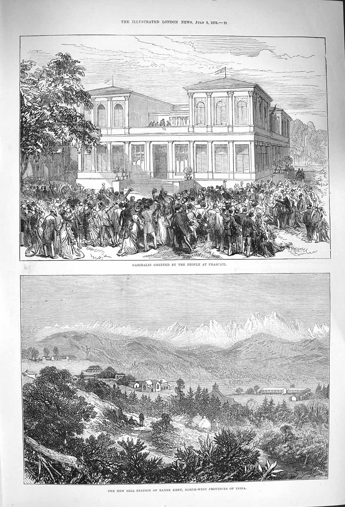 Original Old Antique Print 1875 Garibaldi Frascati Hill Station Ranee Khe 19th