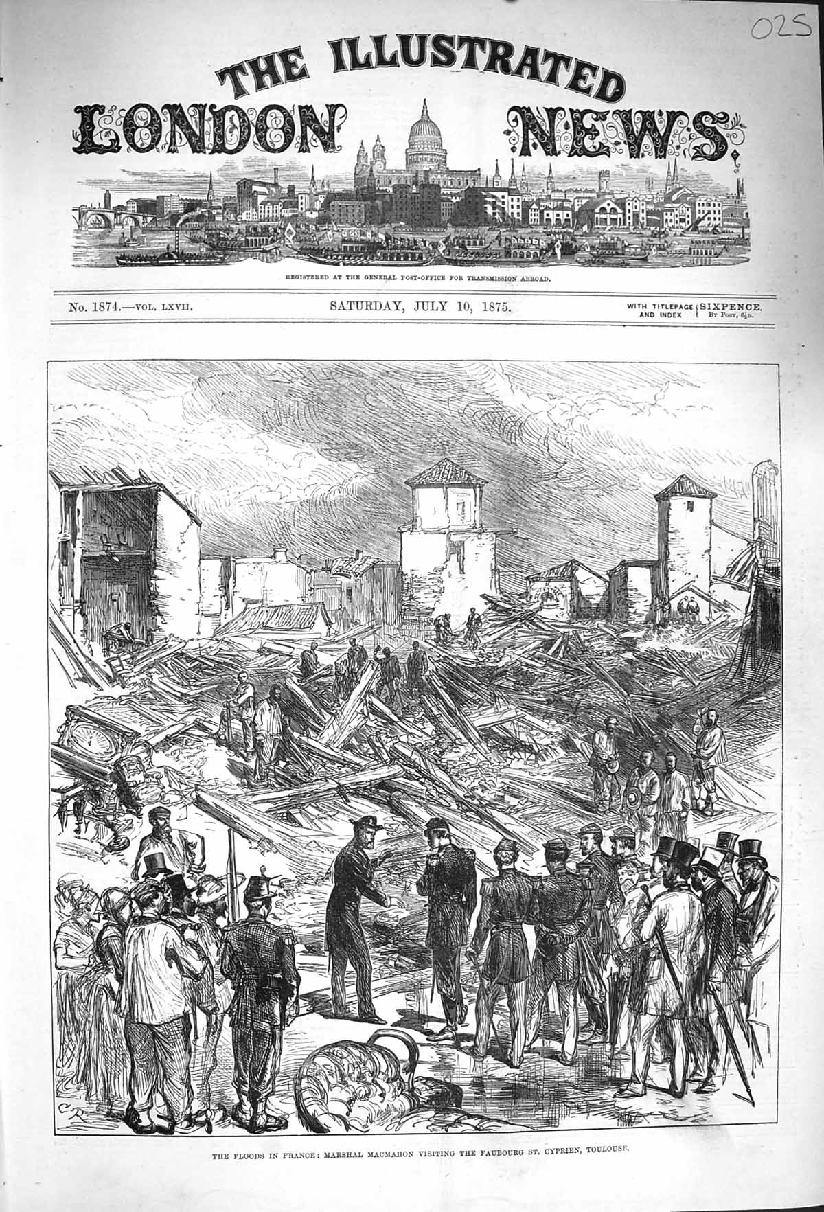 Original Old Antique Print 1875 Floods France Marshal Macmahon Toulouse Agen