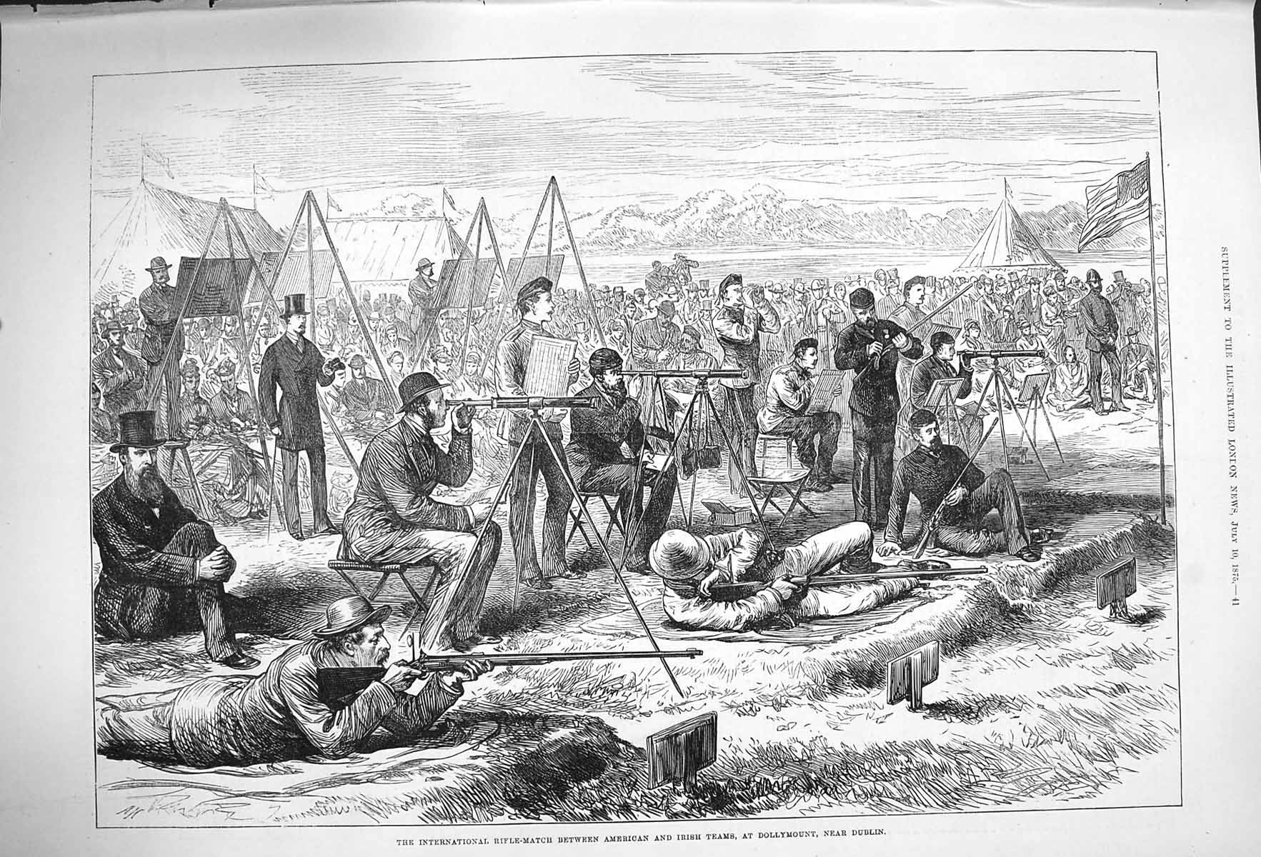 Original Old Antique Print 1875 Rifle Match American Irish Teams Dollymount 19th