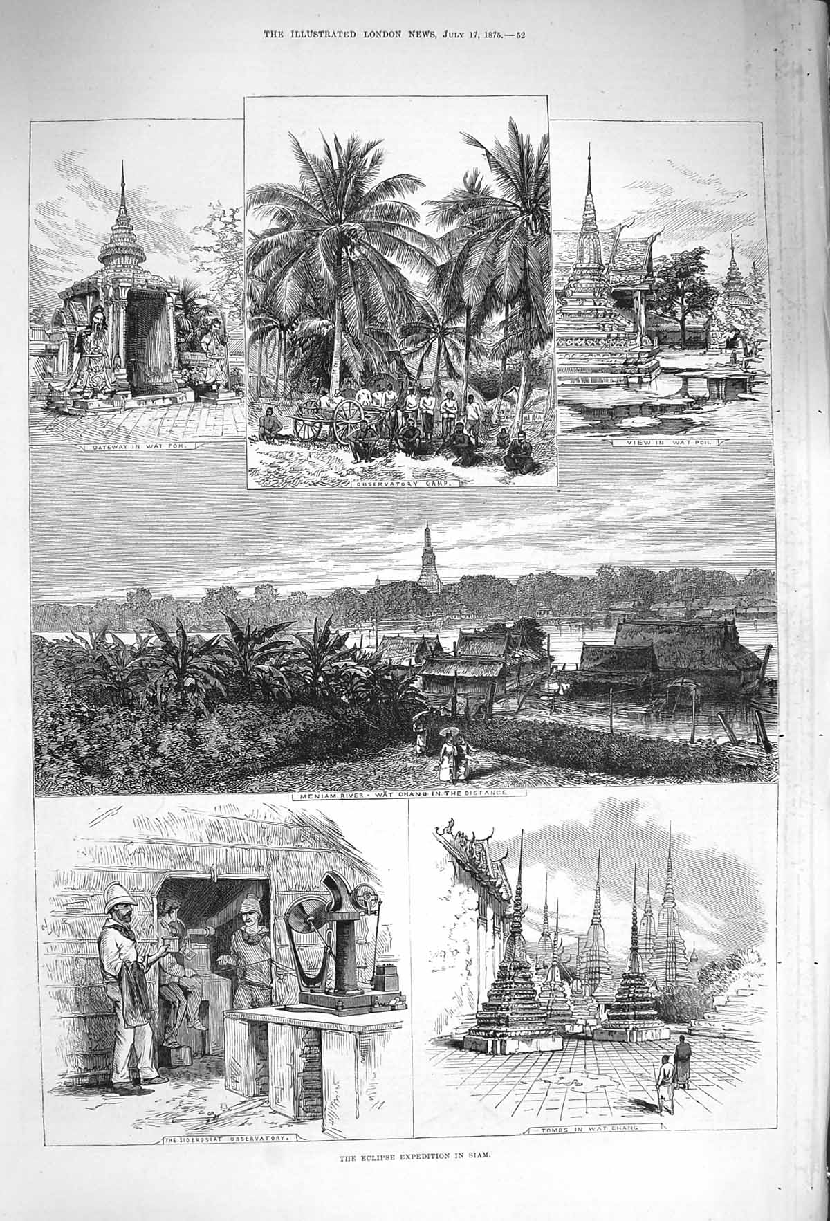 Original Old Antique Print 1875 Eclipse Expedition Siam Meniam River Tomb 19th