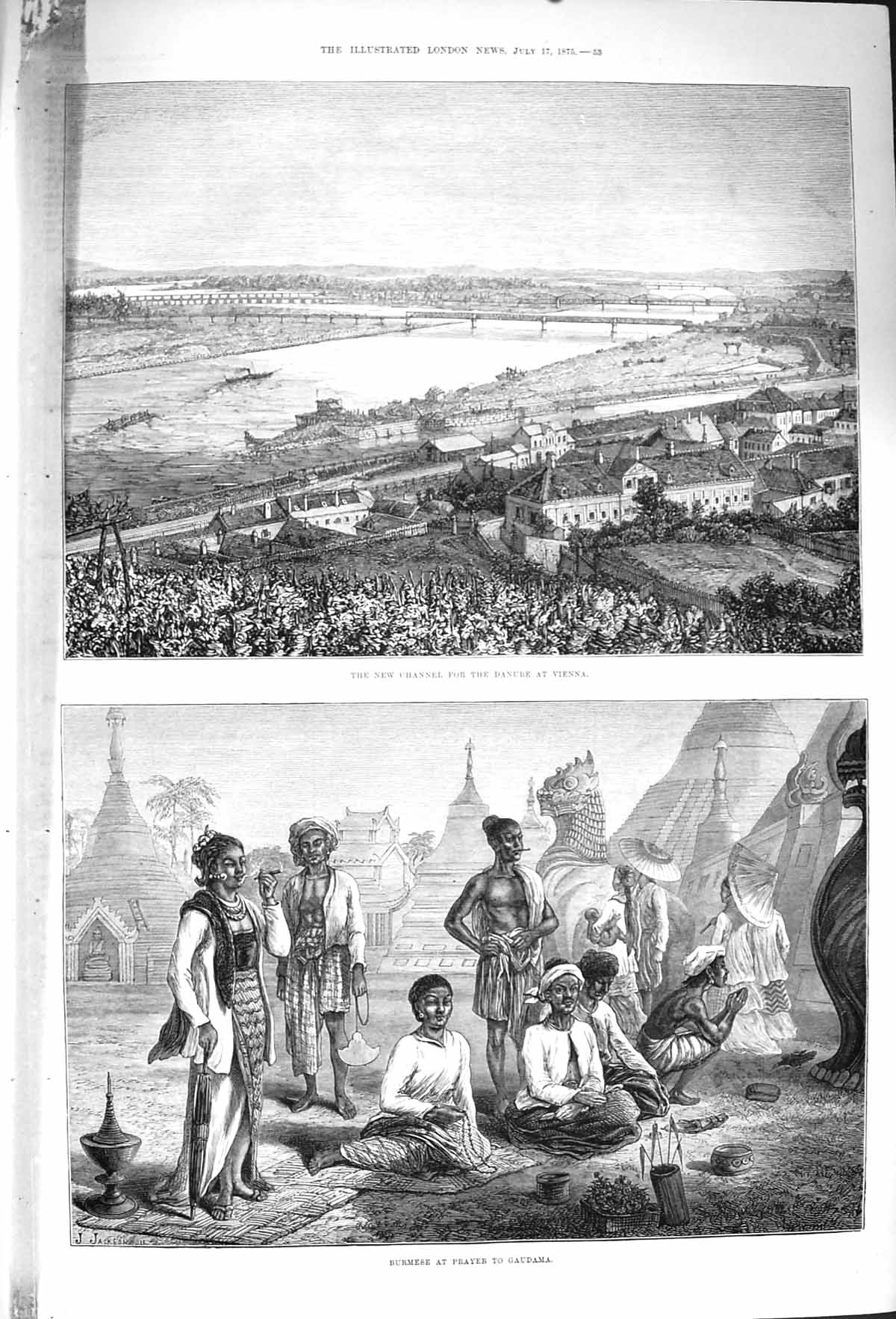 Original Old Antique Print 1875 Channel Danube Vienna Burmese Prayer Gaudama