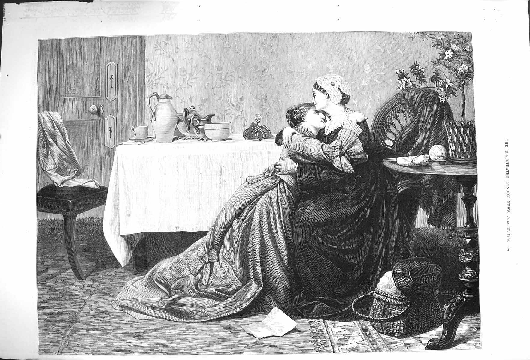 Original Old Antique Print 1875 Mother Young Woman House Table Chair Victorian