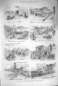 Original Old Antique Print 1875 Floods France Toulouse France Buildings Ruins