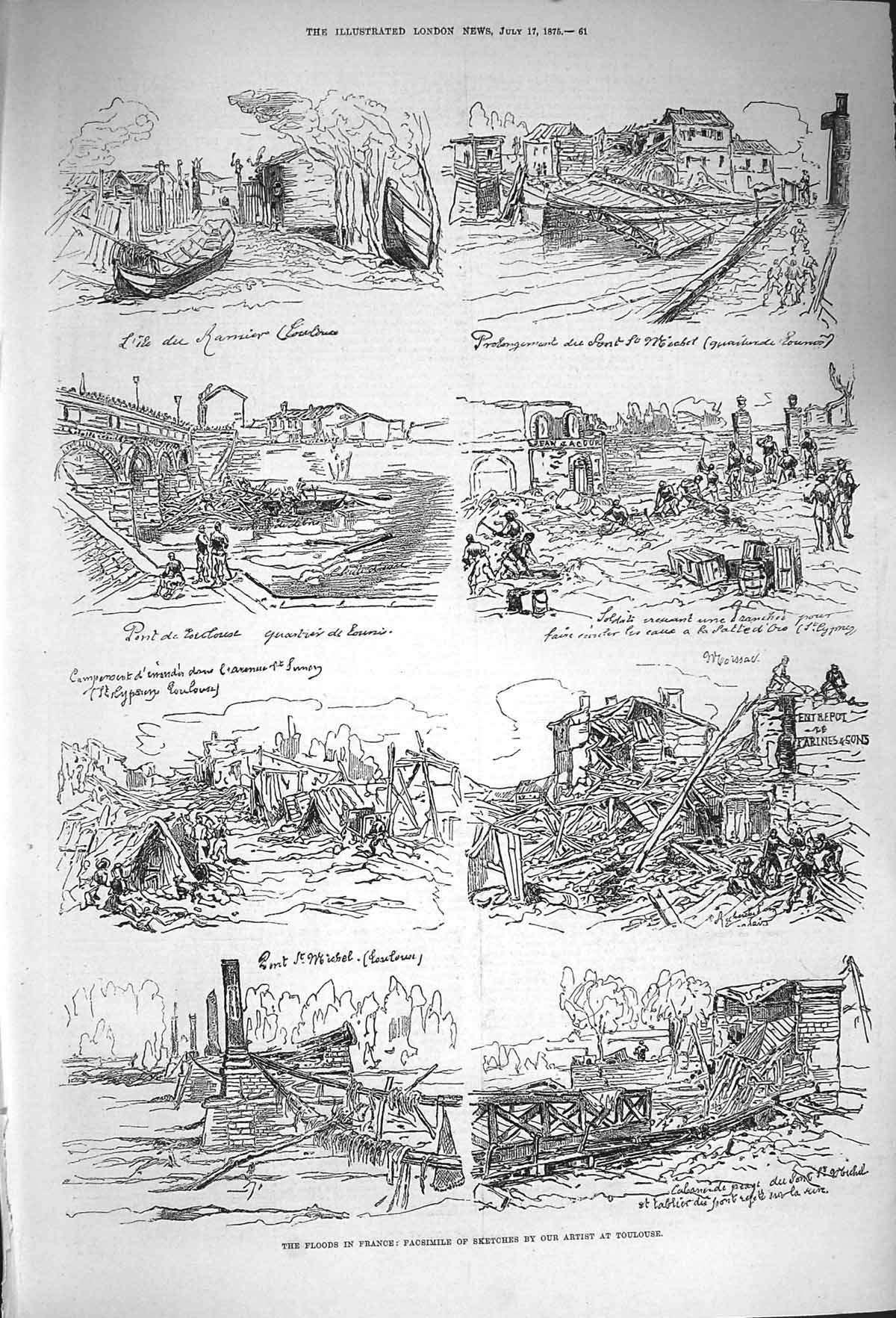 Original Old Antique Print 1875 Floods France Toulouse France Buildings Ruins
