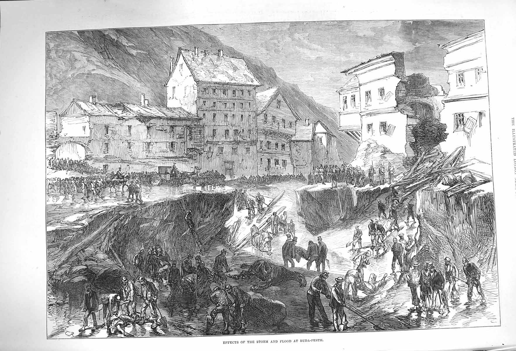 Original Old Antique Print 1875 Effects Storm Flood Buda-Pesth Ruins Buildings