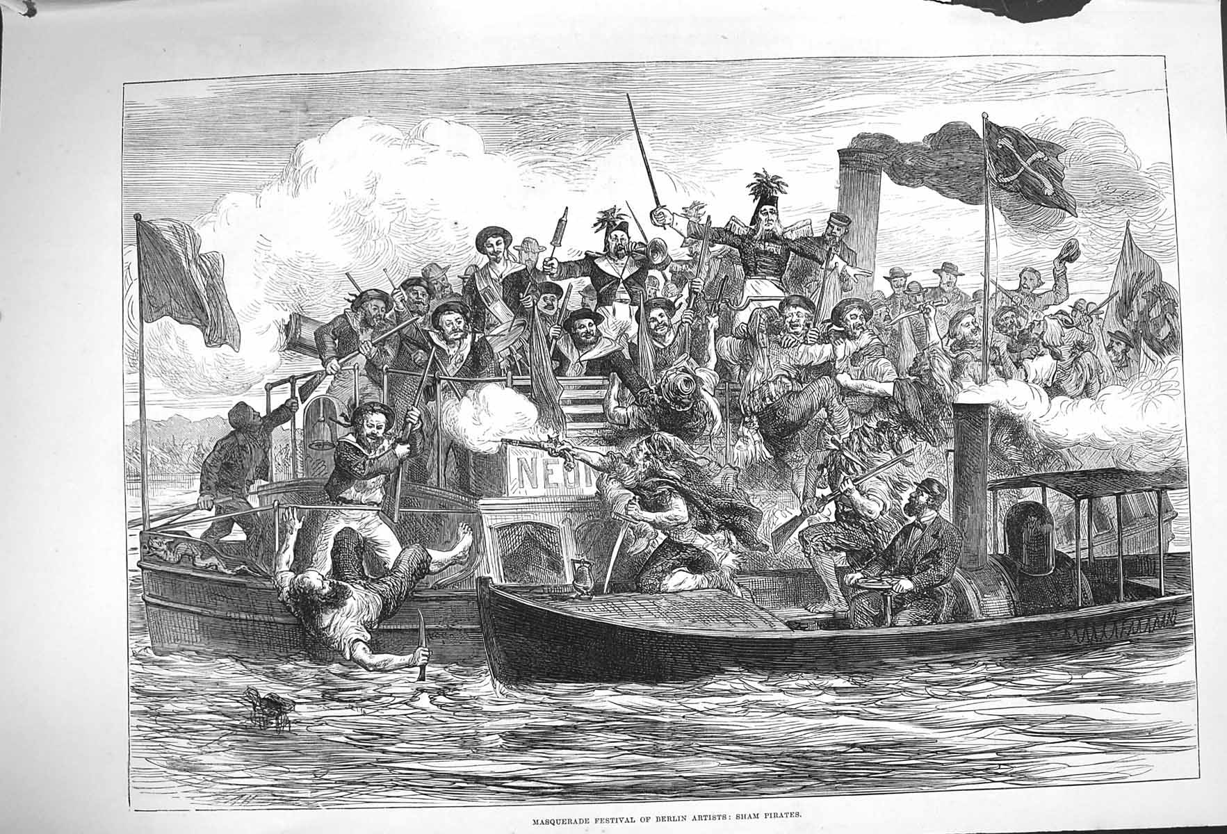 Original Old Antique Print 1875 Masquerade Festival Berlin Artists Sham Pirates