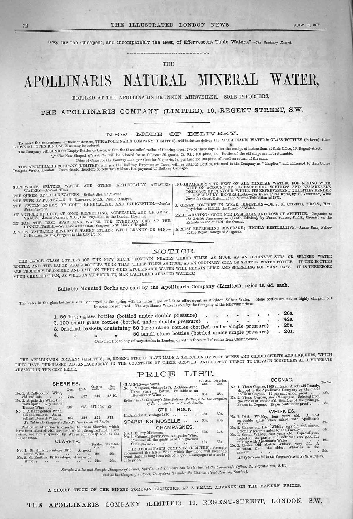 Original Old Antique Print 1875 Advertisement Apollinaris Mineral Water London