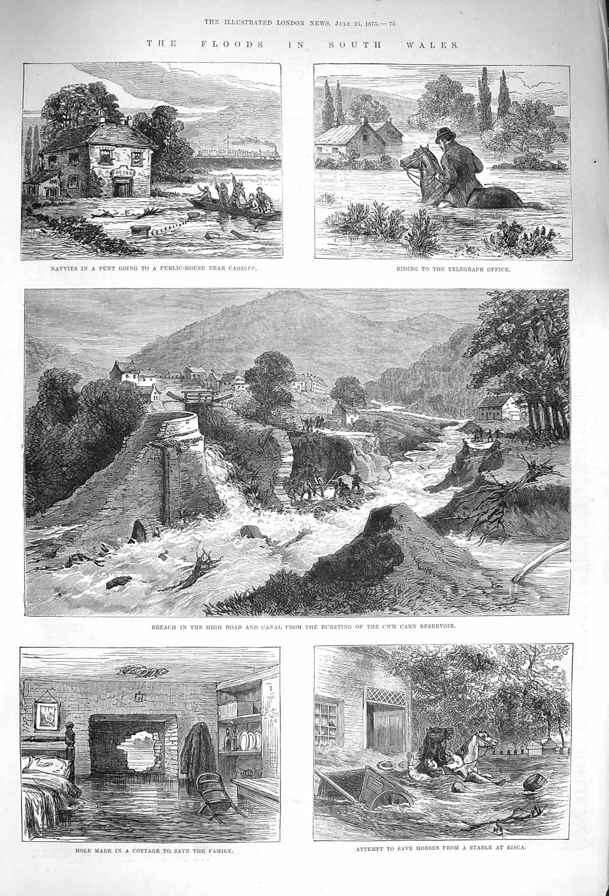 Original Old Antique Print 1875 Floods Wales Cwm Carn Reservoir Horse Victorian