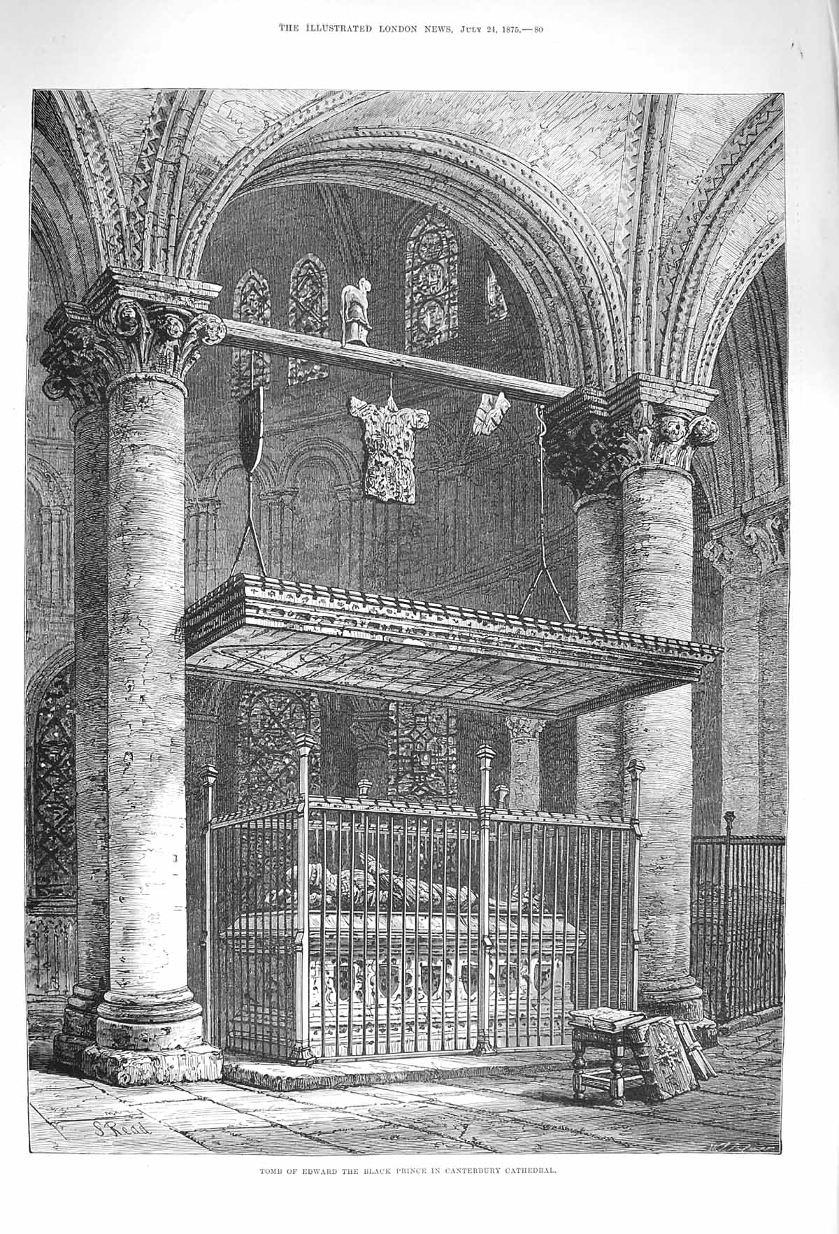 Original Old Antique Print 1875 Tomb Edward Black Prince Canterbury Cathedral