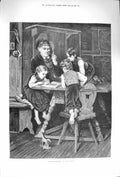 Original Old Antique Print 1875 Picture Book Children Reading Man Smoking Pipe
