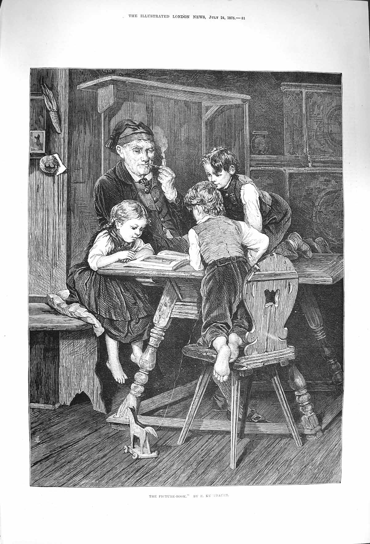 Original Old Antique Print 1875 Picture Book Children Reading Man Smoking Pipe