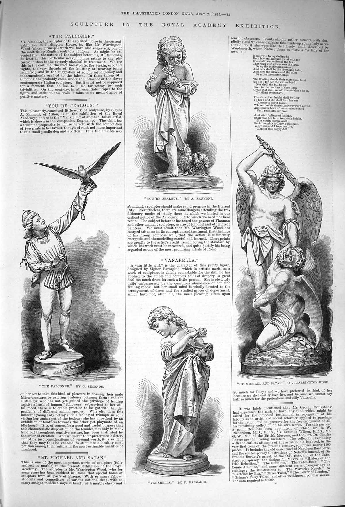 Old Antique Print 1875 Sculpture Royal Academy Vanarella Falconer Satan 19th