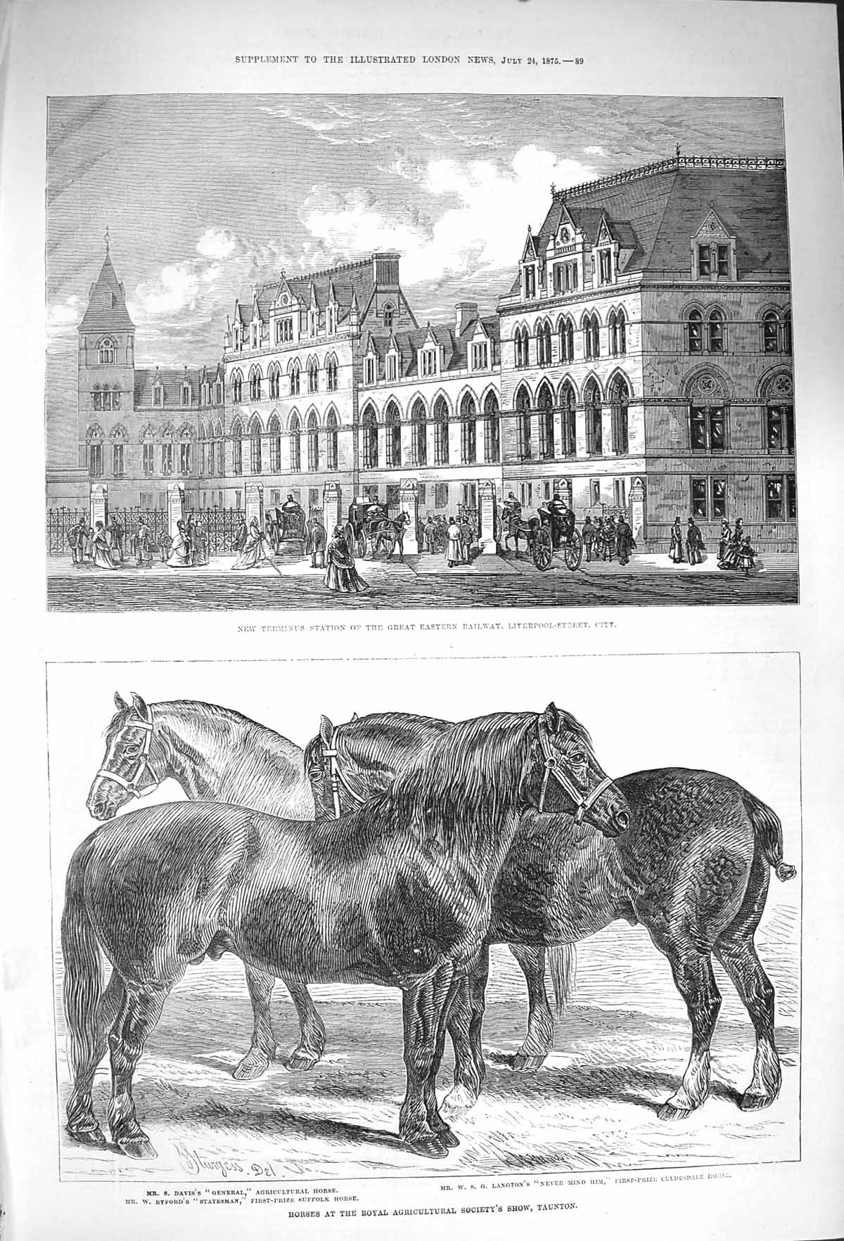 Old Antique Print 1875 Terminus Station Liverpool-Street Horses Taunton 19th