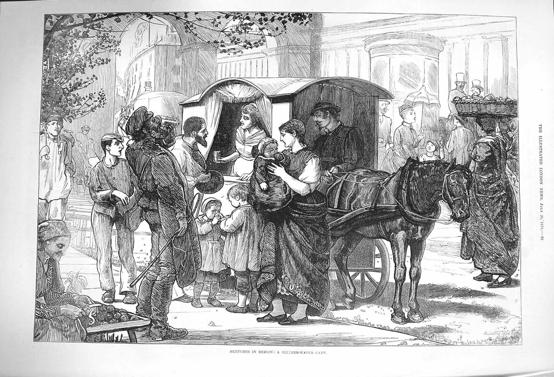 Original Old Antique Print 1875 Berlin Germany Seltzer Water Cart Horses 19th