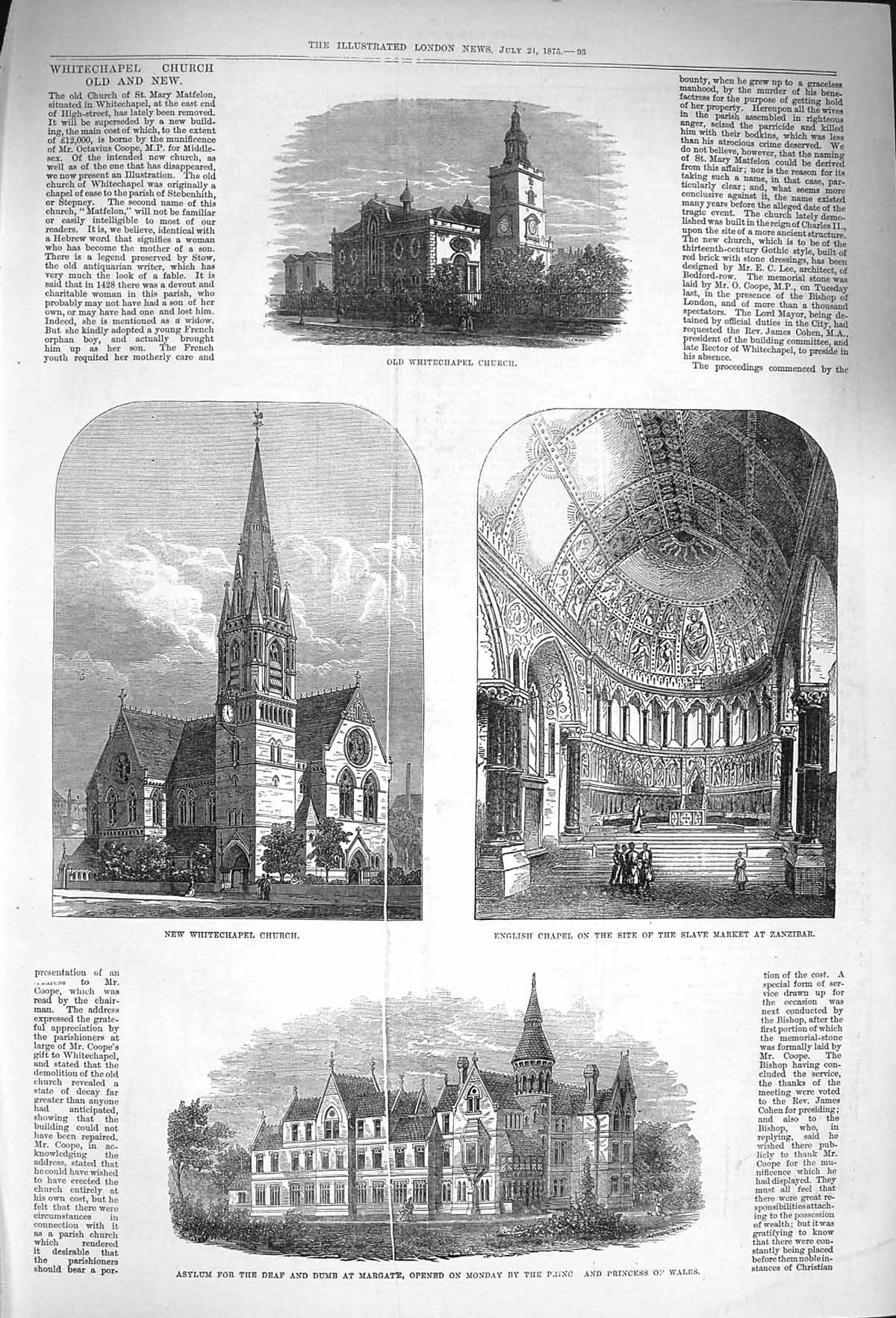 Original Old Antique Print 1875 Whitechapel Church Asylum Deaf Margate Z 19th