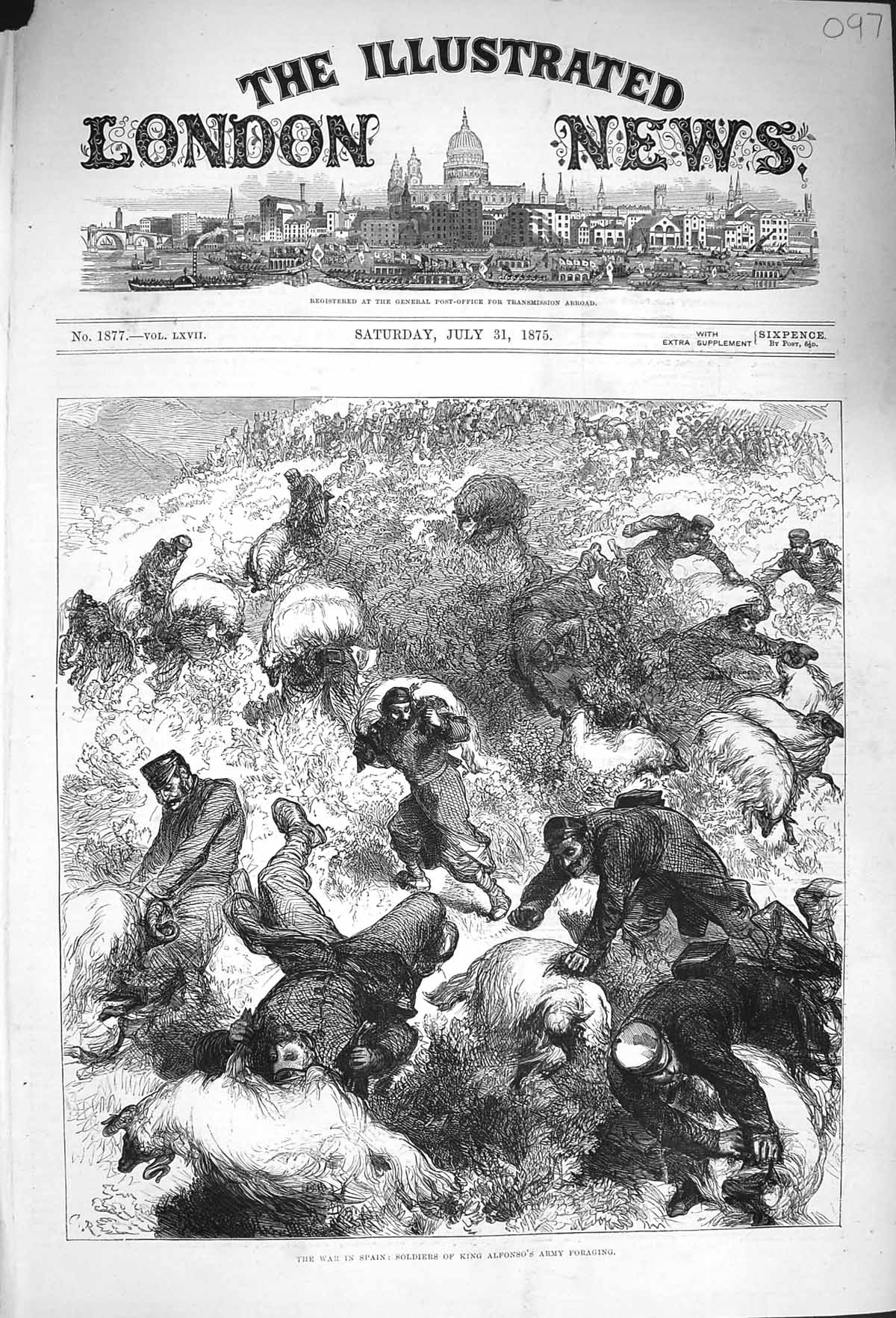 Original Old Antique Print 1875 War Spain Siers King Alfonso Army Foraging 19th