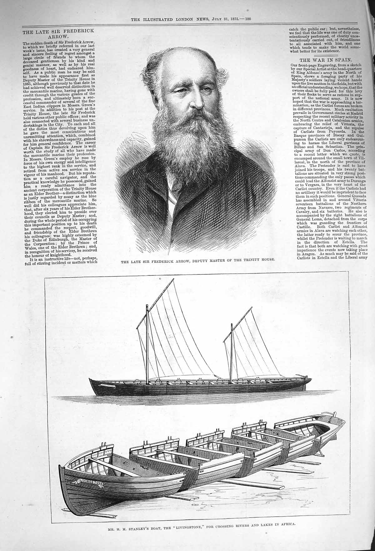 Original Old Antique Print 1875 Frederick Arrow Stanley Boat Livingstone Africa
