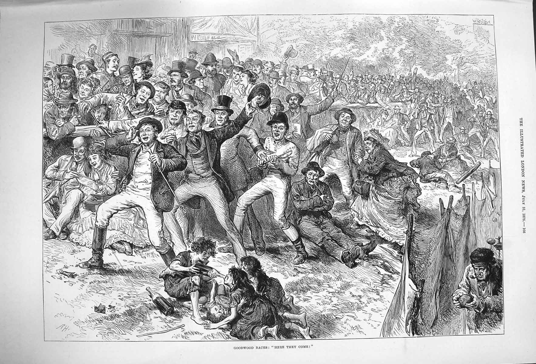 Original Old Antique Print 1875 Goodwood Horse Races Sport Celebration Scenes