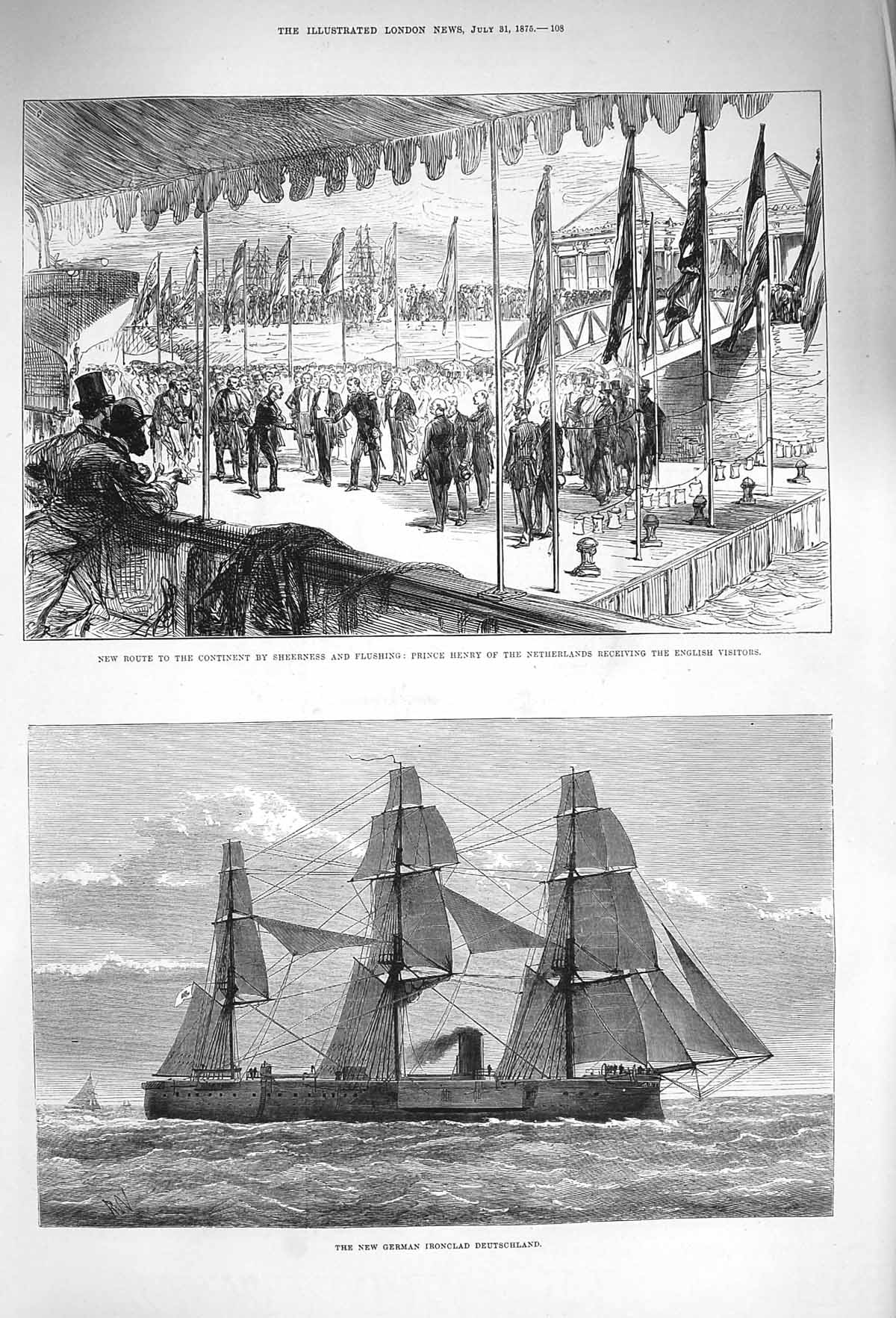 Old Antique Print 1875 German Ship Deutschland Prince Henry Netherlands 19th
