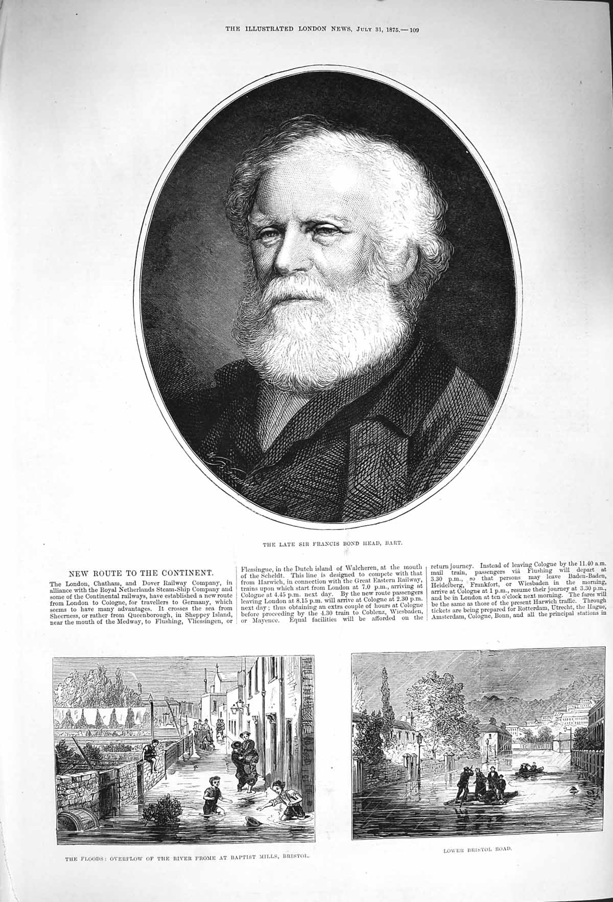 Original Old Antique Print 1875 Francis Bond Head Floods Frome Baptist Bristol