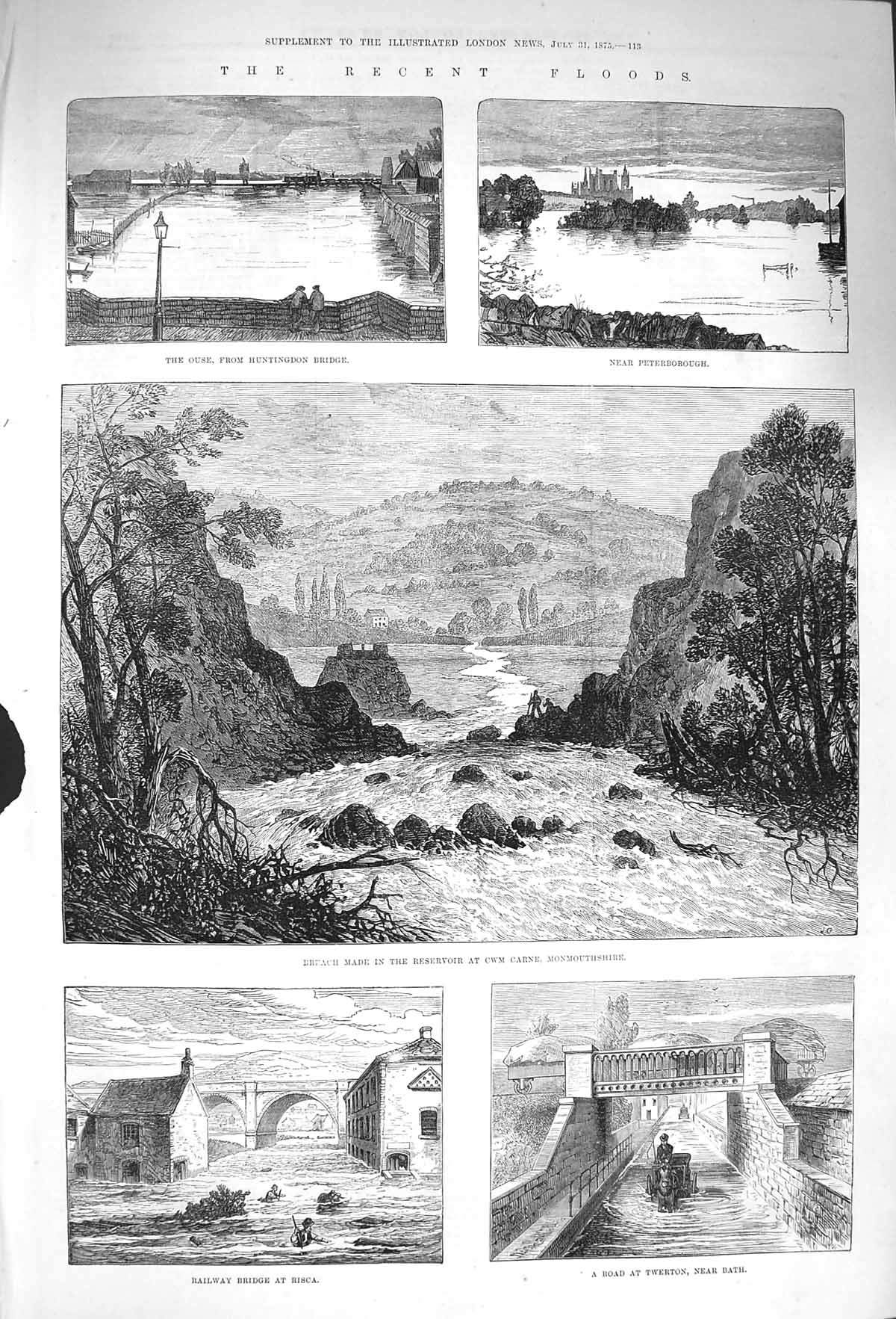 Original Old Antique Print 1875 Floods Reservoir Cwm Monmouthshire Peterborough