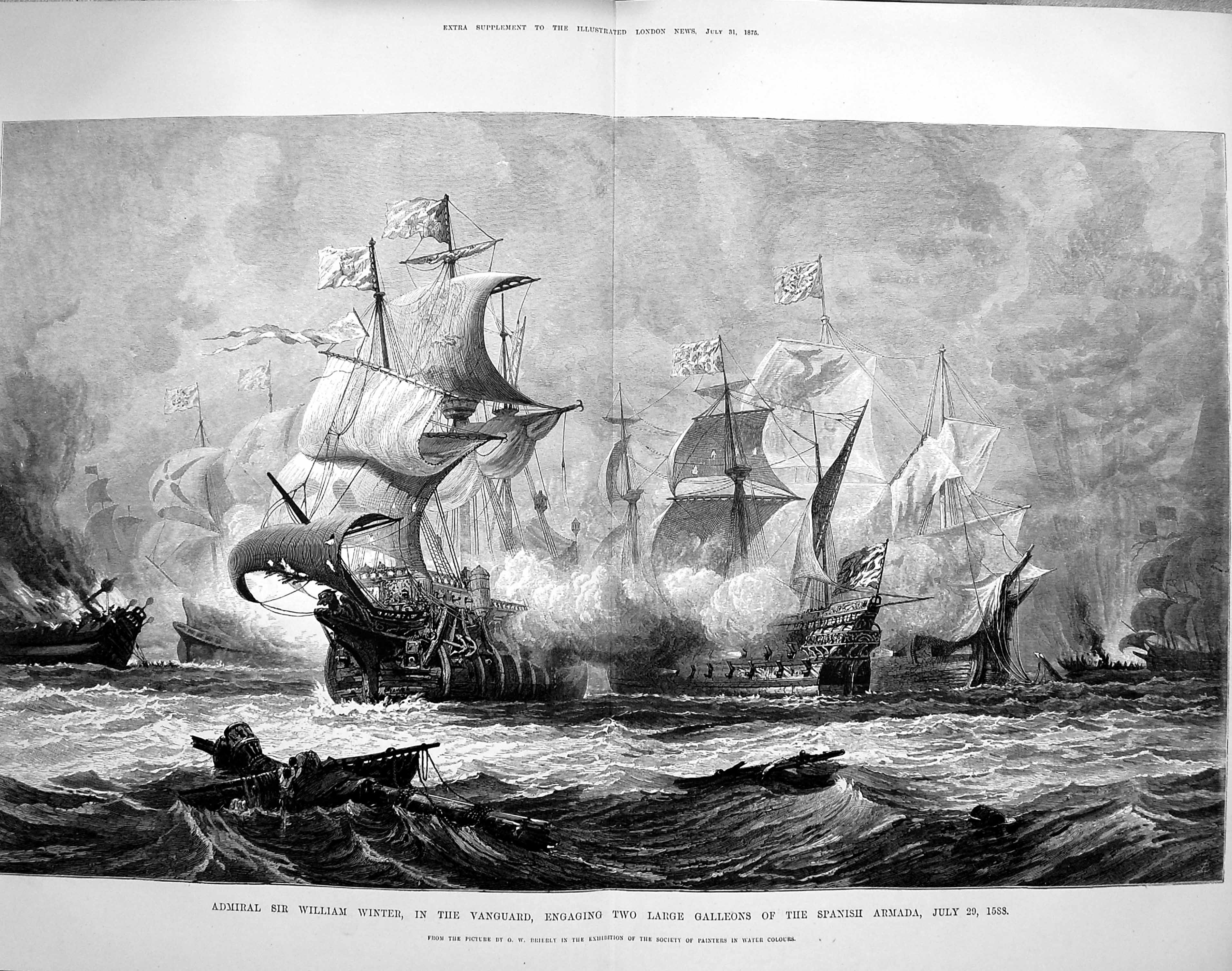 Original Old Antique Print 1875 Admiral William Winter Vanguard Ship Victorian