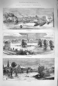 Original Old Antique Print 1875 Floods Nottingham Stamford Rivers England 19th