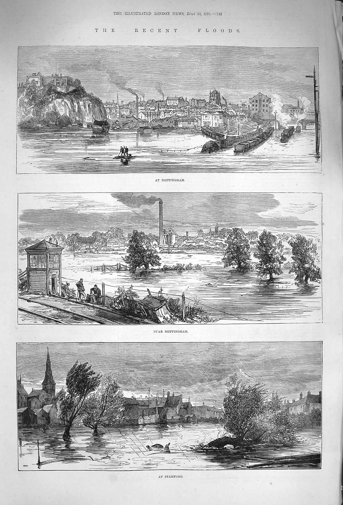 Original Old Antique Print 1875 Floods Nottingham Stamford Rivers England 19th