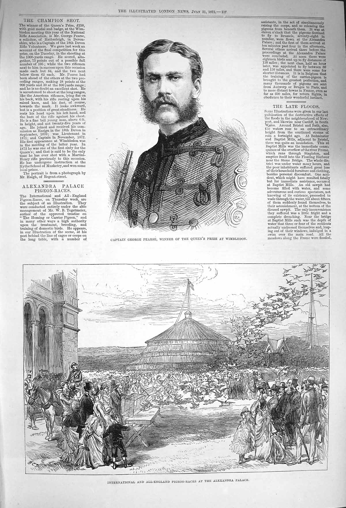 Original Old Antique Print 1875 Captain George Pearse Wimbledon Pigeon Races