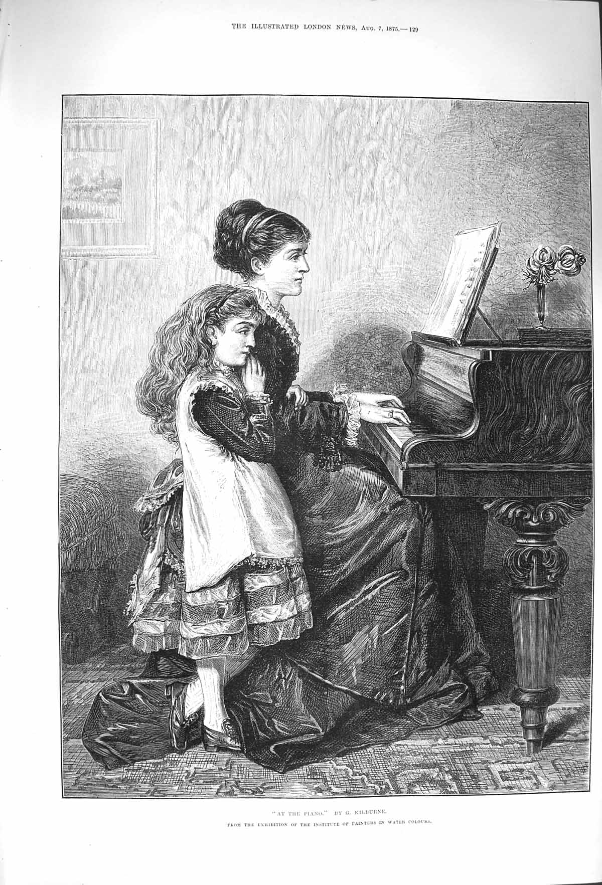 Original Old Antique Print 1875 Little Girl Lady Piano Music Kilburne Fine Art