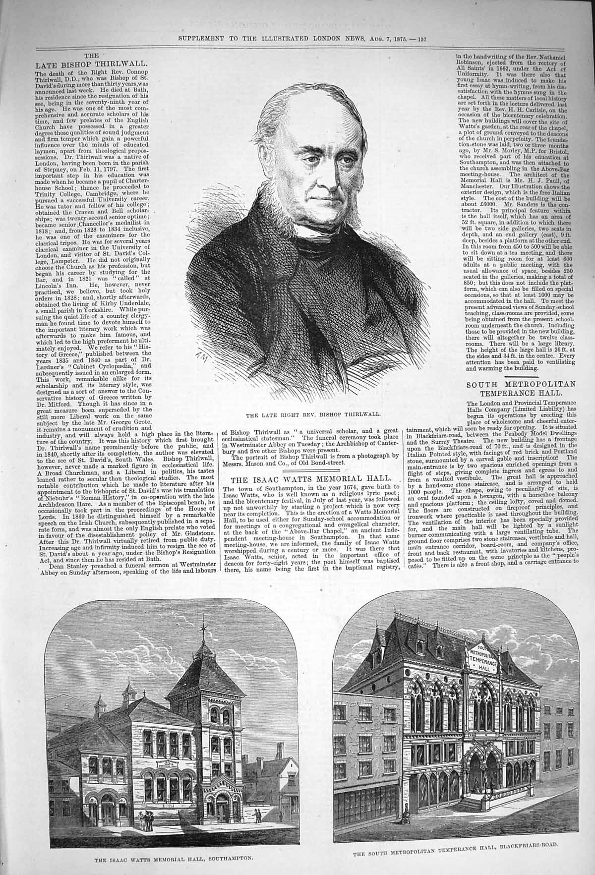 Old Antique Print 1875 Thirlwall Isaac Watts Southampton Temperance Hall 19th