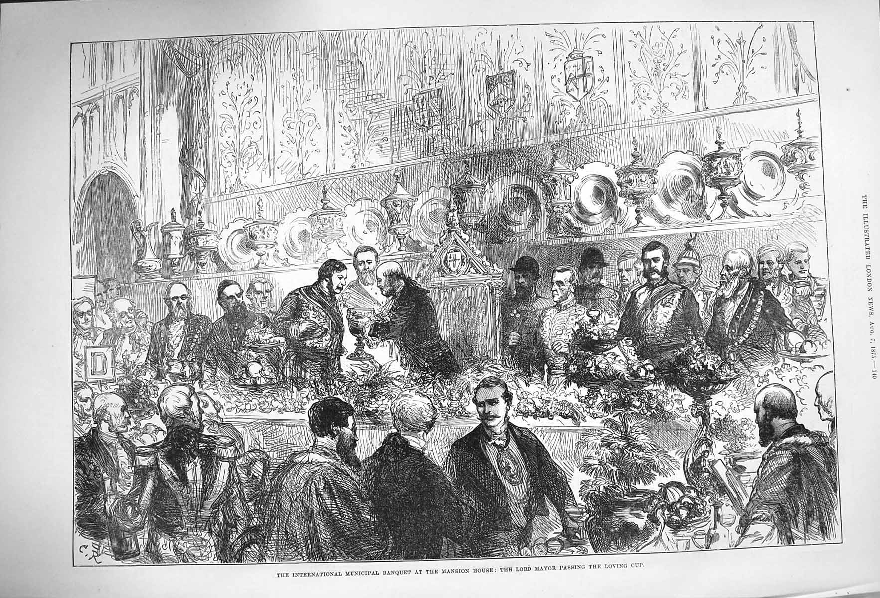 Old Antique Print 1875 Municipal Banquet Mansion House Lord Mayor Loving 19th