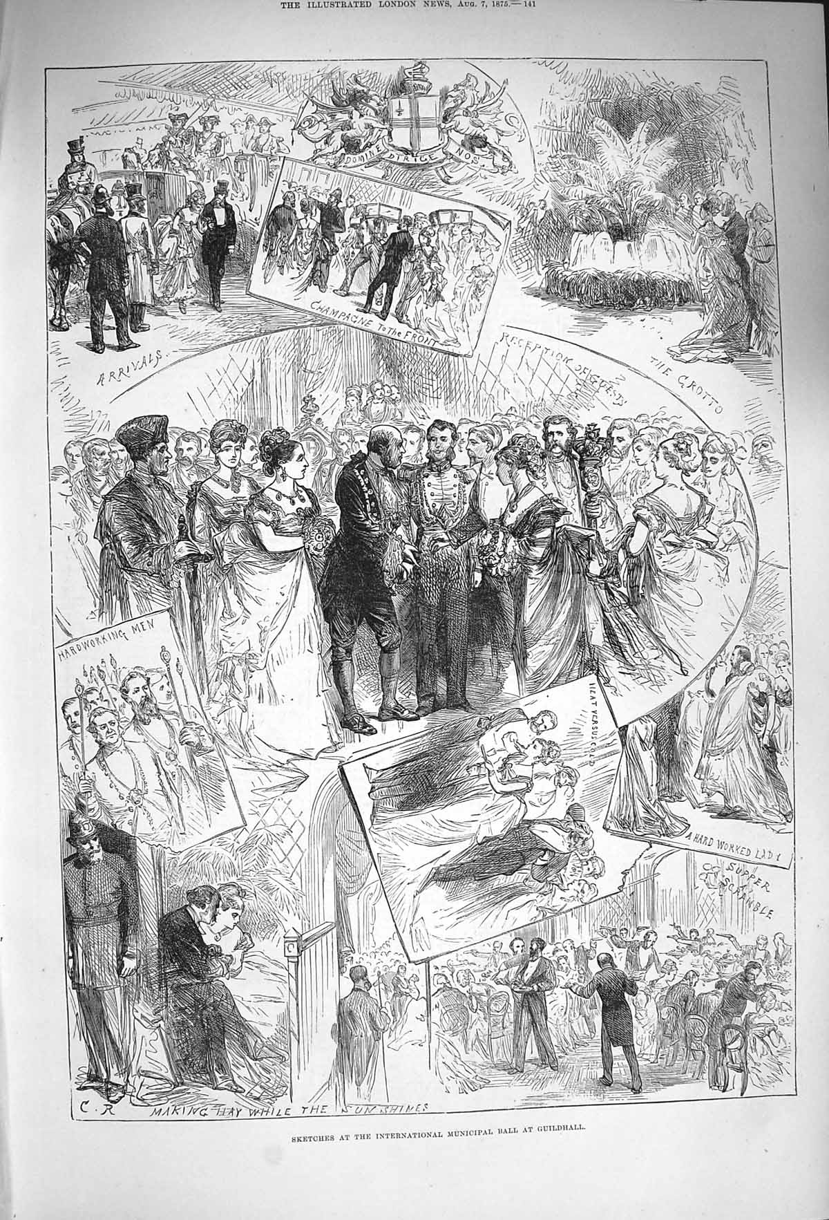 Original Old Antique Print 1875 International Municipal Ball Guildhall Grotto