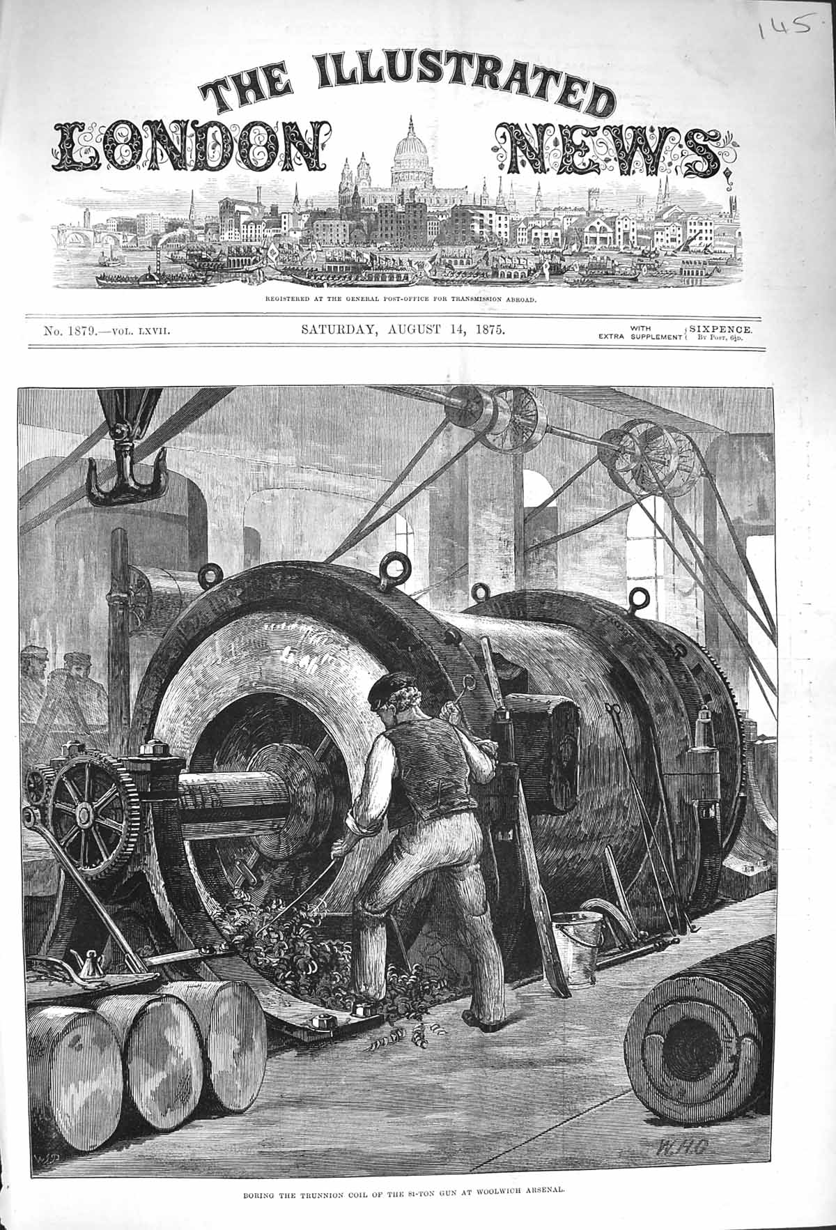 Old Antique Print 1875 Boring Trunnion Coil 81-Ton Gun Woolwich Arsenal 19th