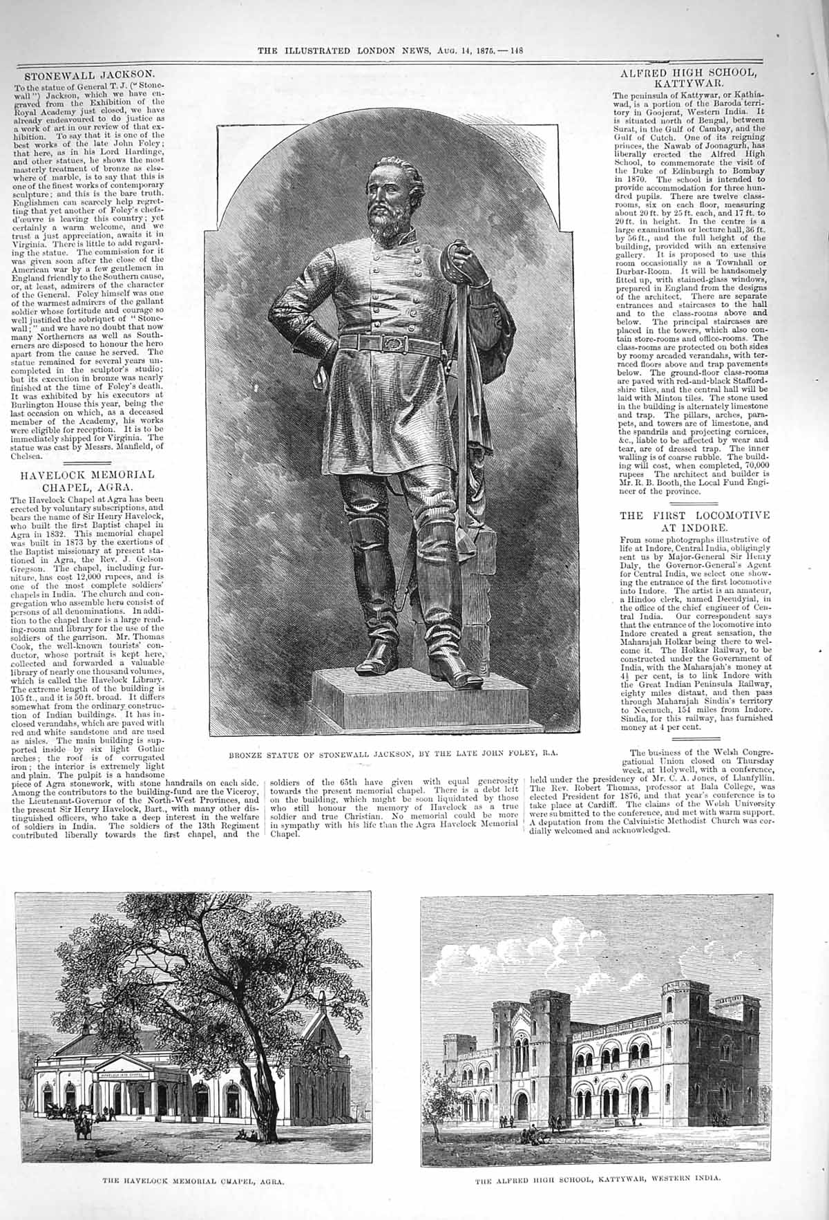 Original Old Antique Print 1875 Statue Stonewall Jackson Havelock Chapel Agra