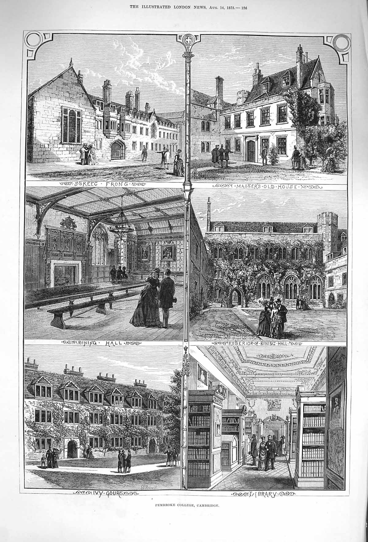 Original Old Antique Print 1875 Pembroke College Cambridge Dining Hall 19th