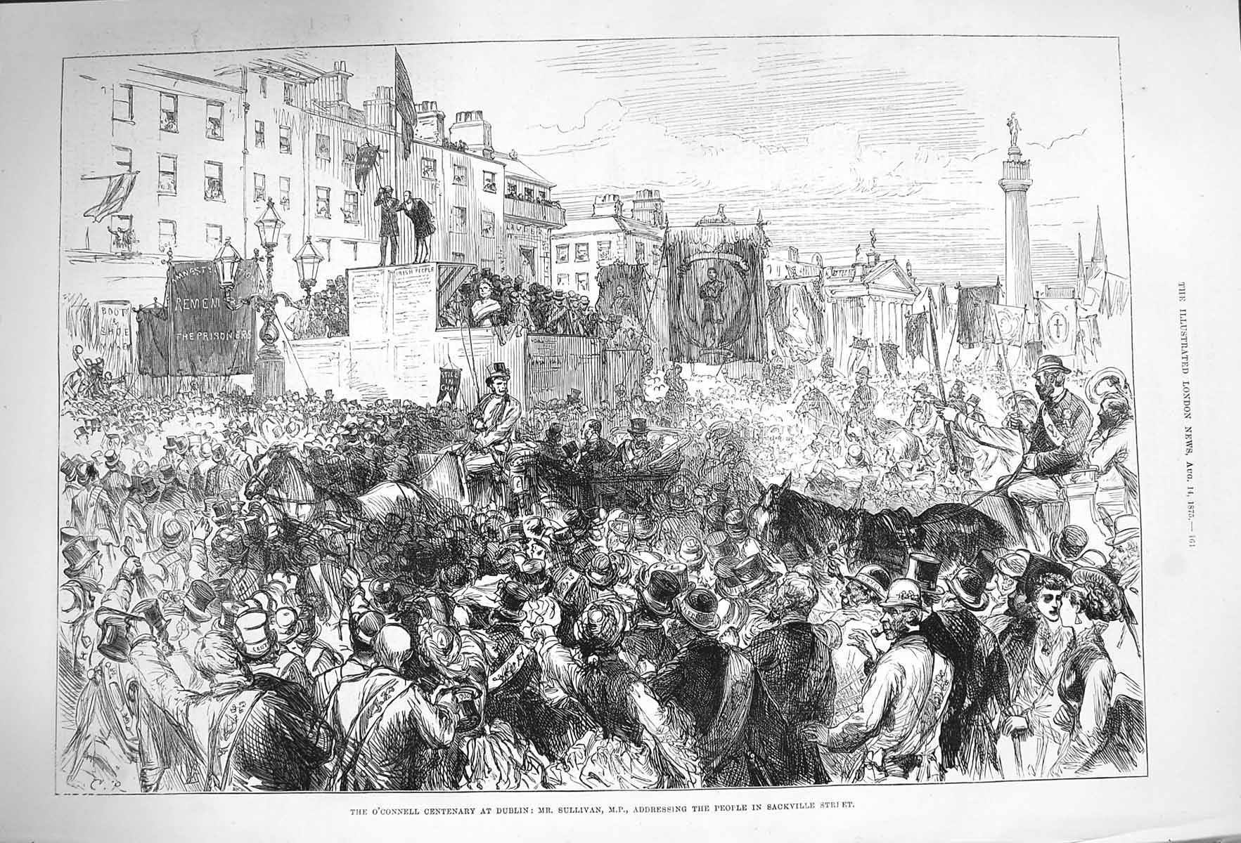 Original Old Antique Print 1875 O'Connell Centenary Dublin Sullivan Sackville