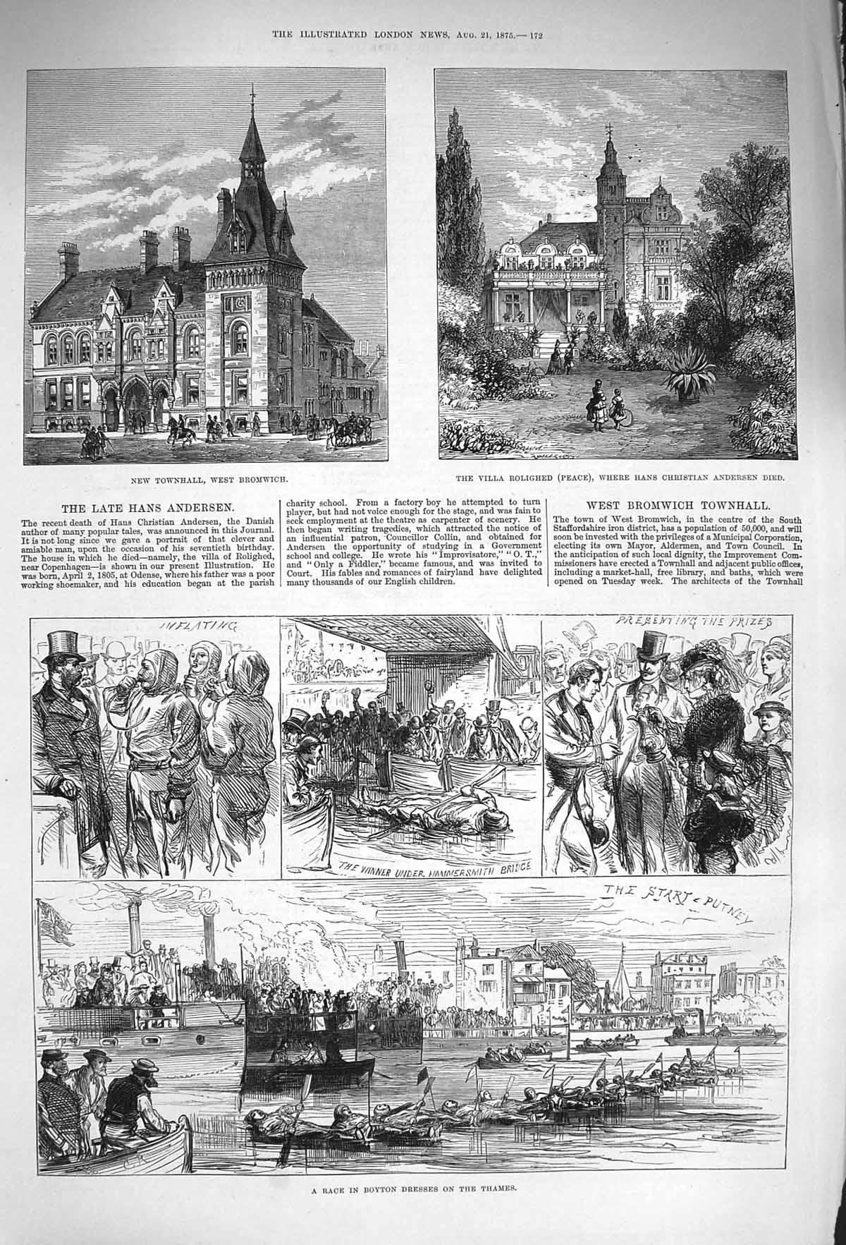 Original Old Antique Print 1875 Townhall Bromwich Villa Rolighed Boyton 19th