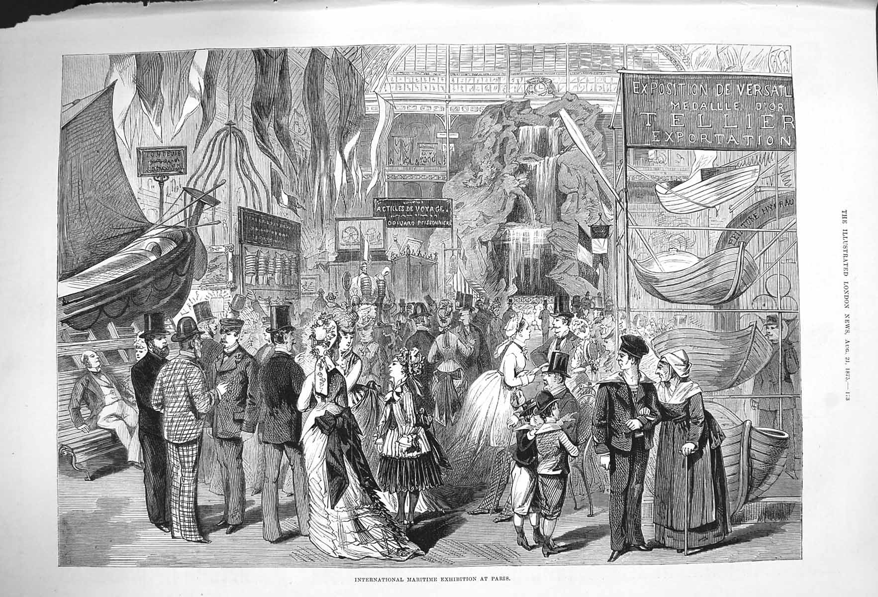 Original Old Antique Print 1875 International Maritime Exhibition Paris France