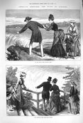 Original Old Antique Print 1875 Falls Niagara America Goat Island Visitors 19th