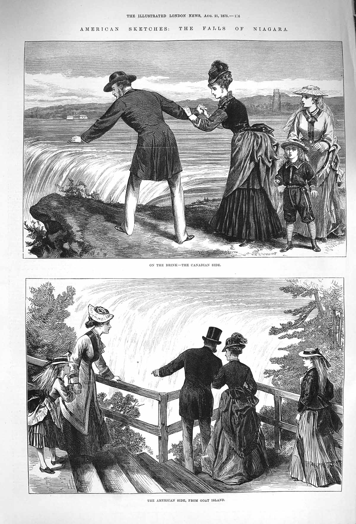 Original Old Antique Print 1875 Falls Niagara America Goat Island Visitors 19th