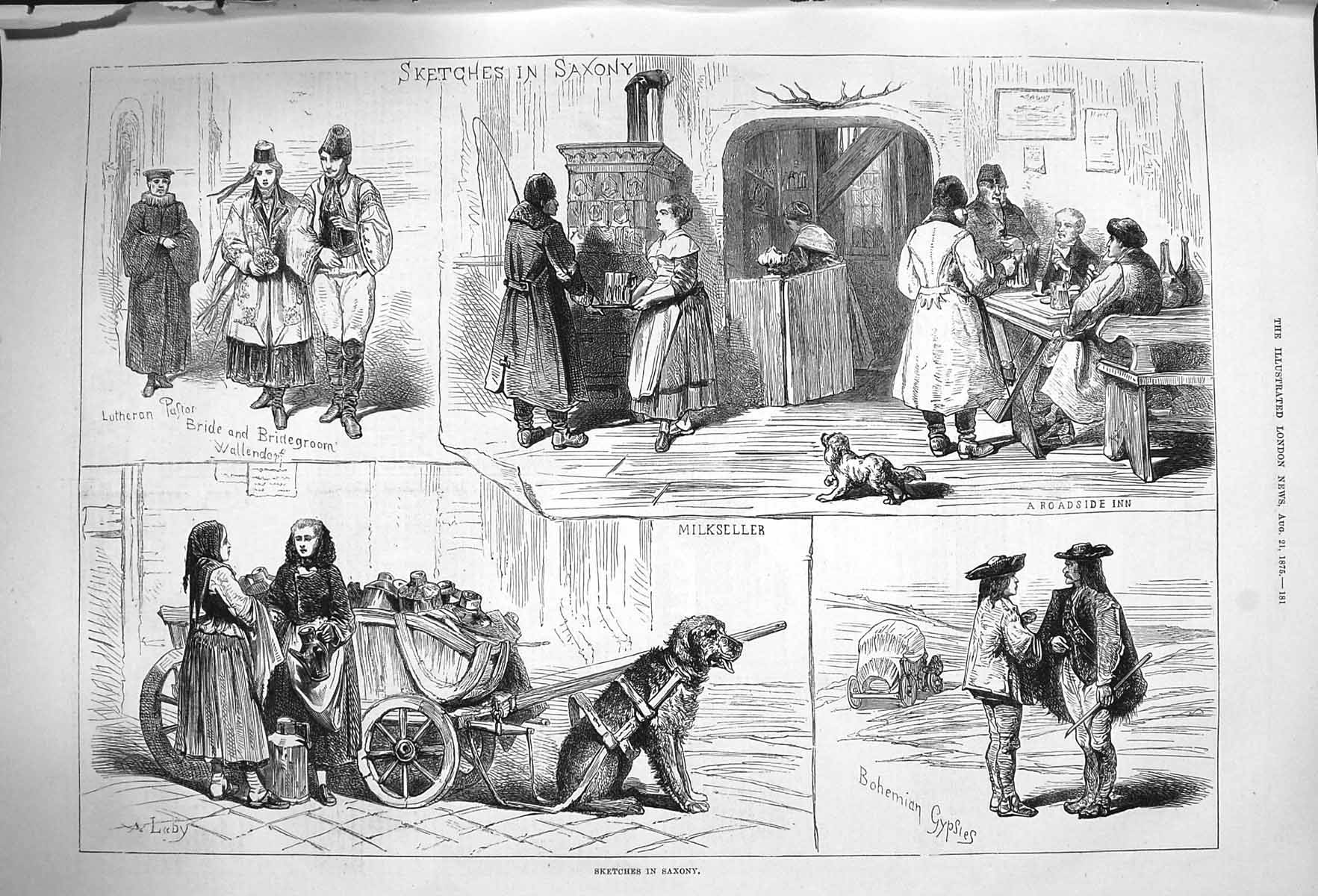 Old Antique Print 1875 Milkseller Saxony Bohemian Gypsies Lutheron Paster 19th