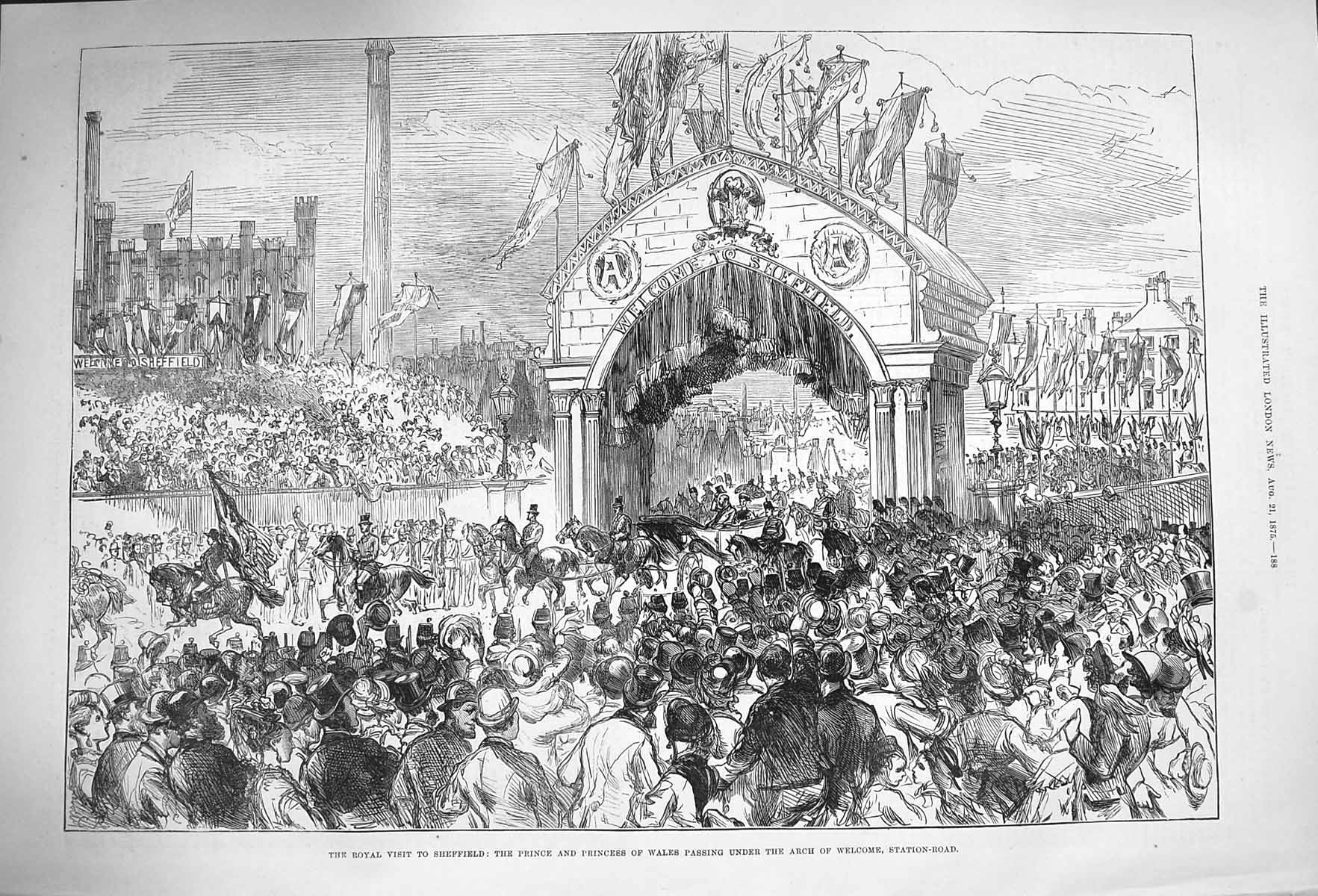 Original Old Antique Print 1875 Prince Wales Sheffield Arch Station-Road 19th