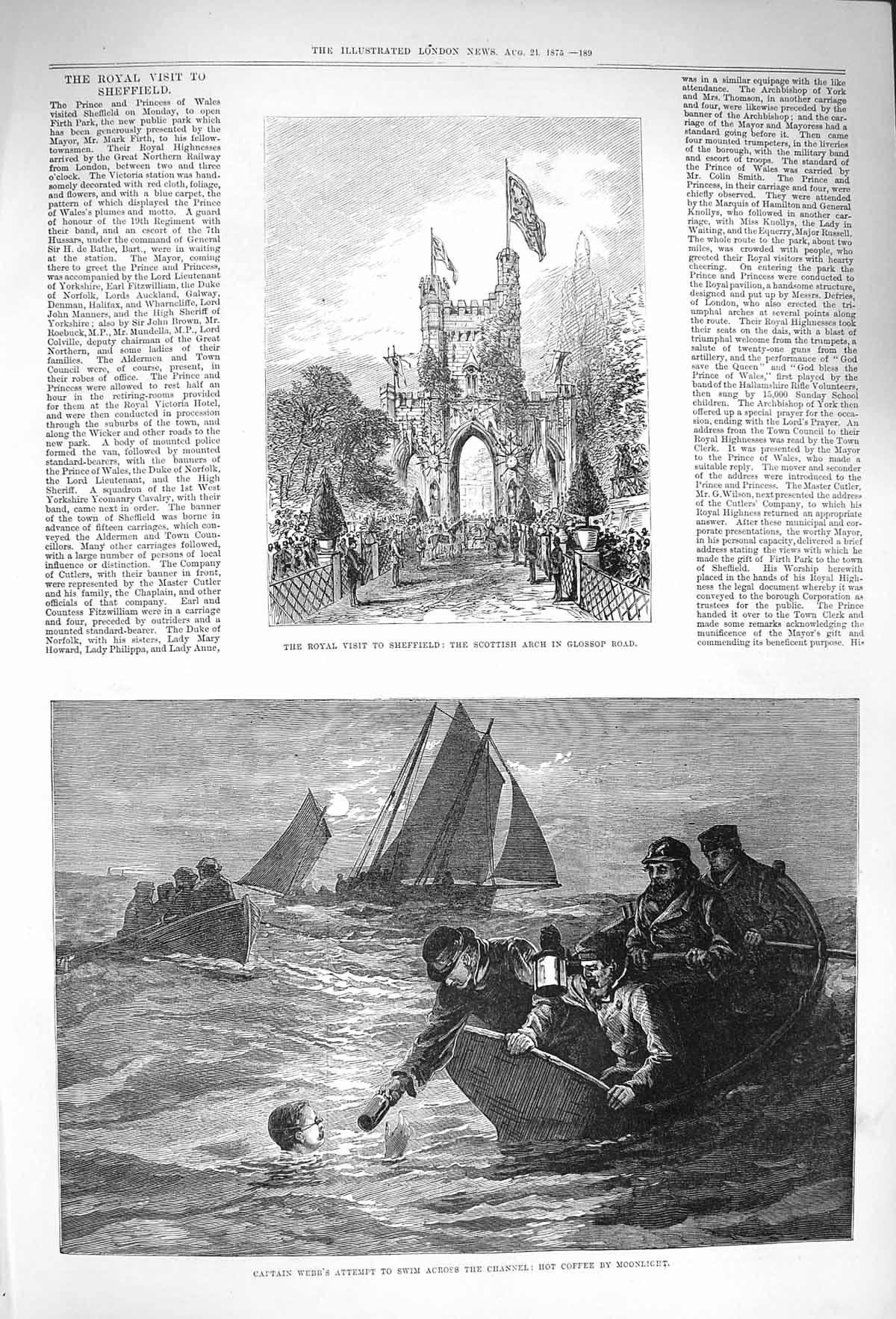 Old Antique Print 1875 Sheffield Scottish Arch Glossop Captain Webb Swim 19th