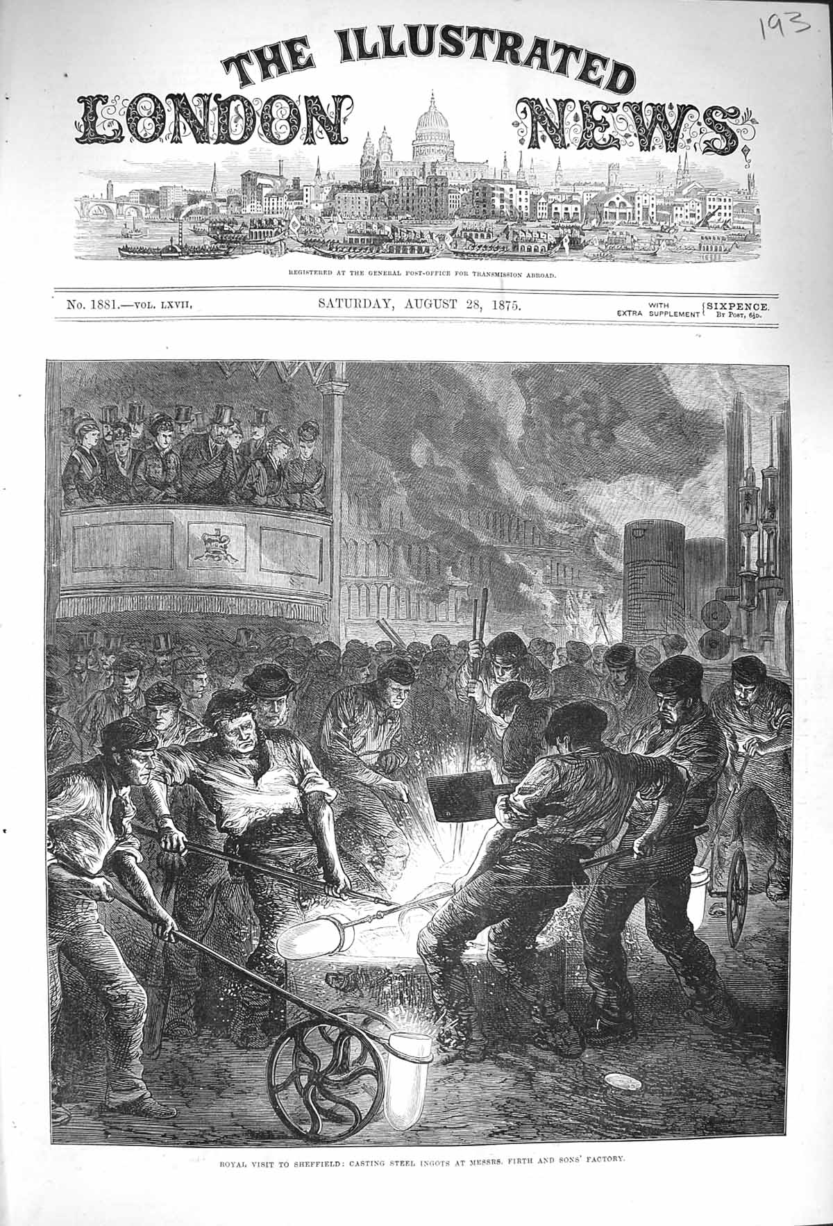 Original Old Antique Print 1875 Sheffield Steel Ingots Firth Cammell Cyclo 19th