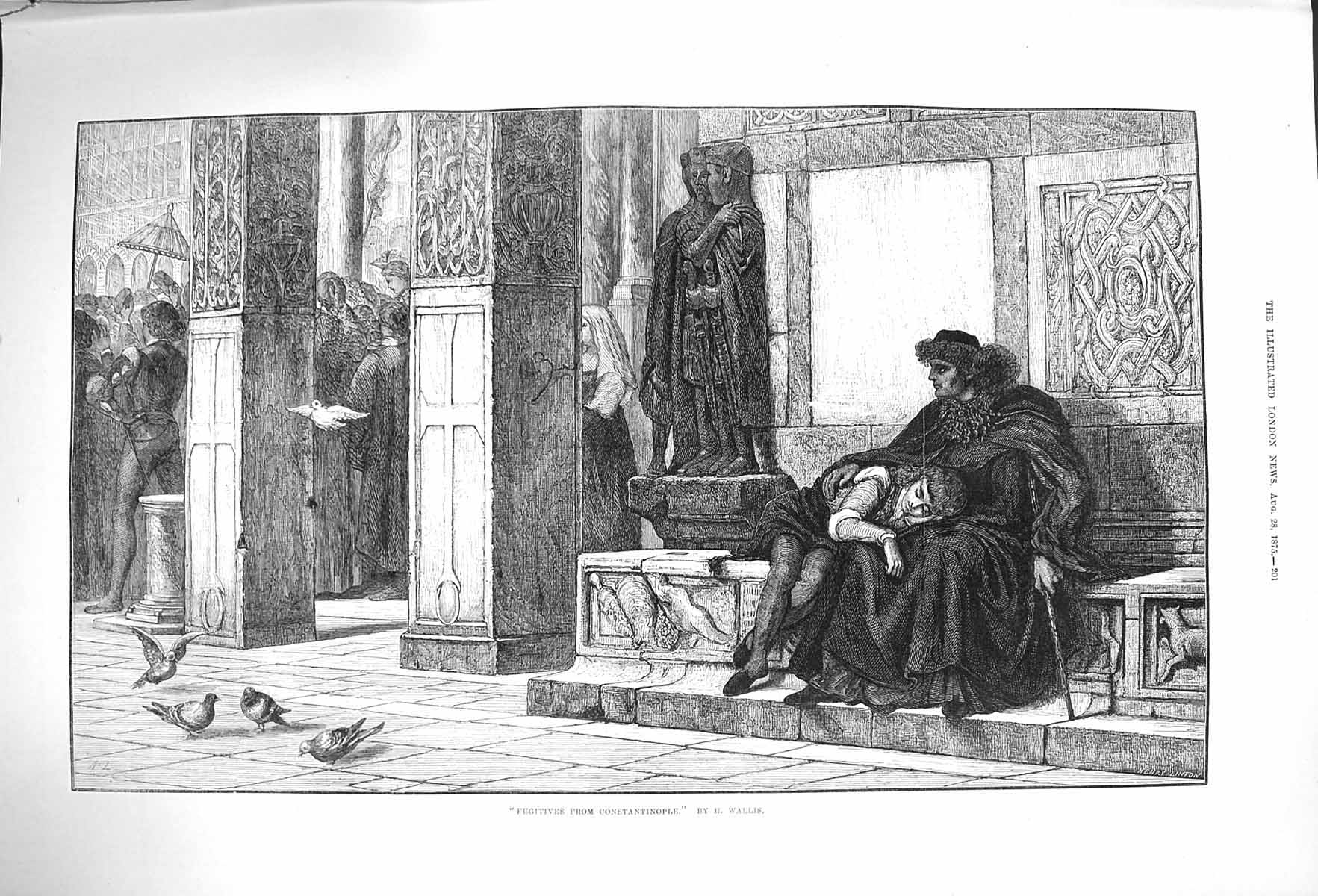 Original Old Antique Print 1875 Fugitives Constantinople People Birds Fine Art
