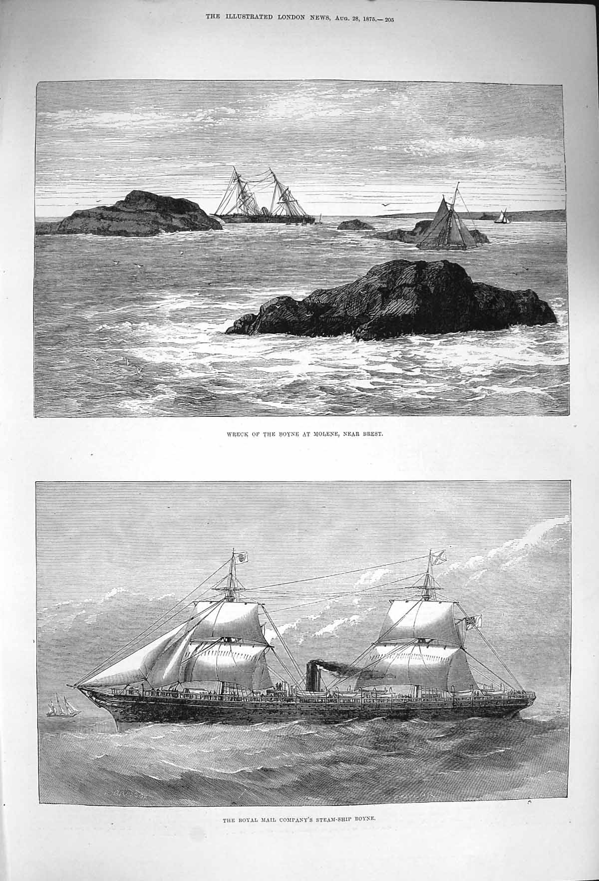 Original Old Antique Print 1875 Steam Ship Wreck Mail Company Boyne Molene 19th