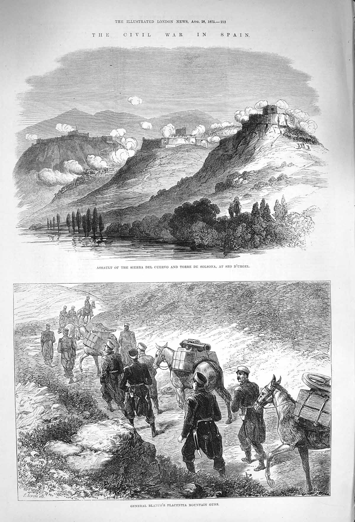 Old Antique Print 1875 Civil War Spain Sierra Del Cuervo Solsona Blanco 19th
