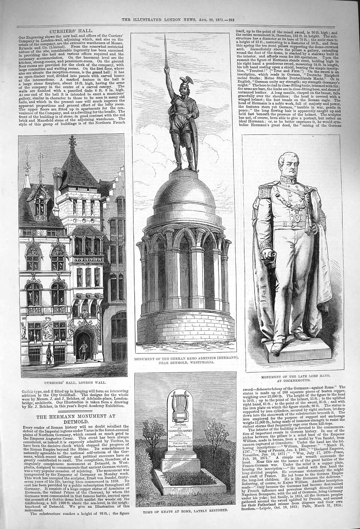 Original Old Antique Print 1875 Tomb Keats Lord Mayo Curriers Hall Arminius